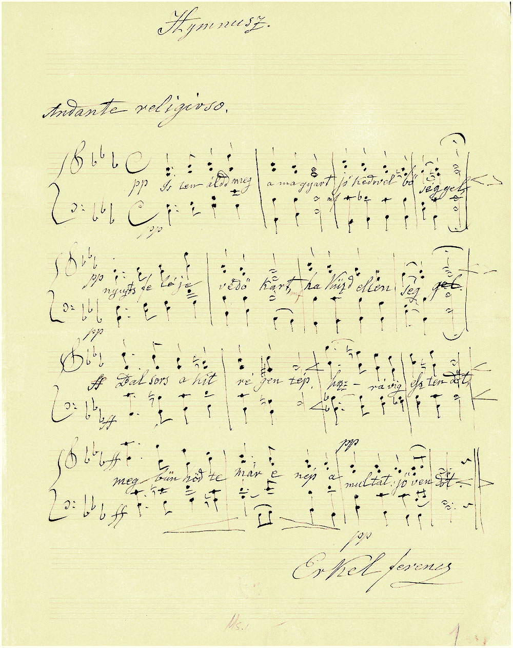 A himnusz partitúrájának kézirata